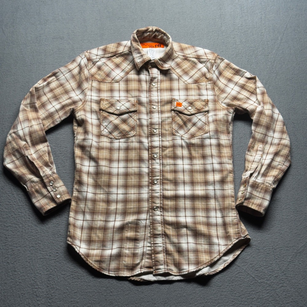 Wrangler 20X FR Flame Resistant Shirt Mens Medium Tan Plaid HRC2 NFPA 2112 Snap